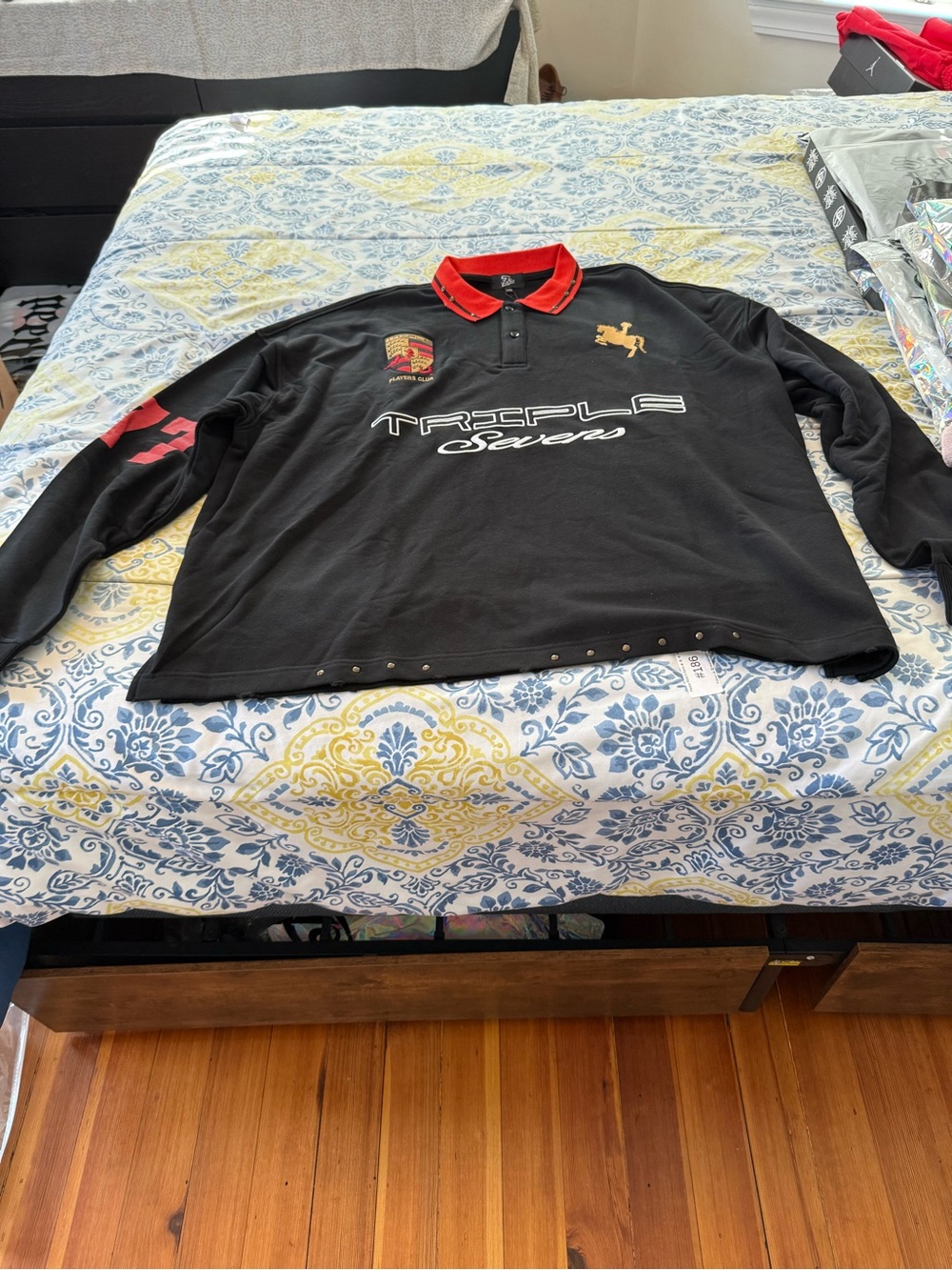 Triple 7 Long-Sleeve Polo Shirt - Black with Red Collar